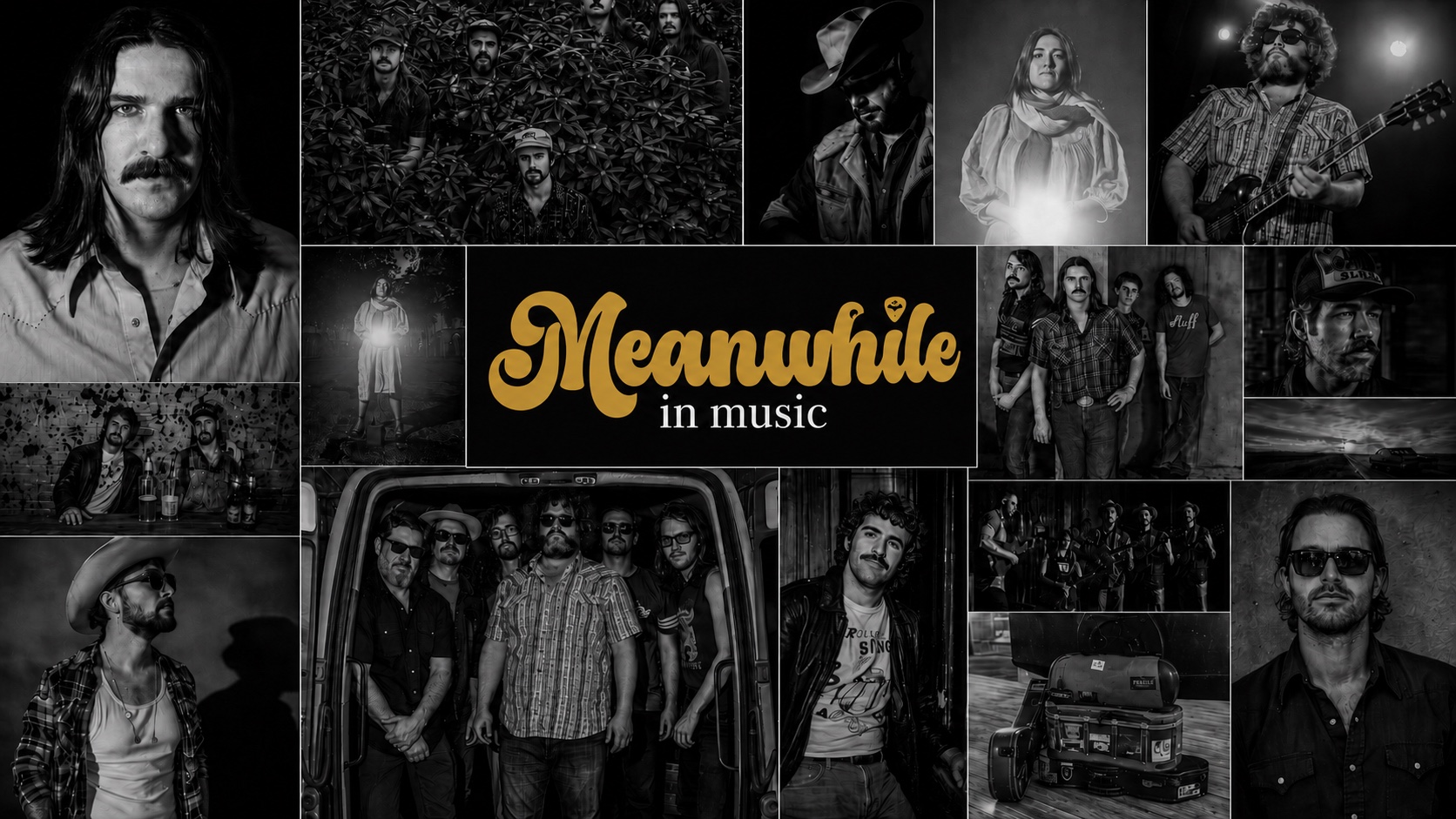 Black-and-white portraits of the artists Meanwhile in Music covers, around the Meanwhile in Music wordmark